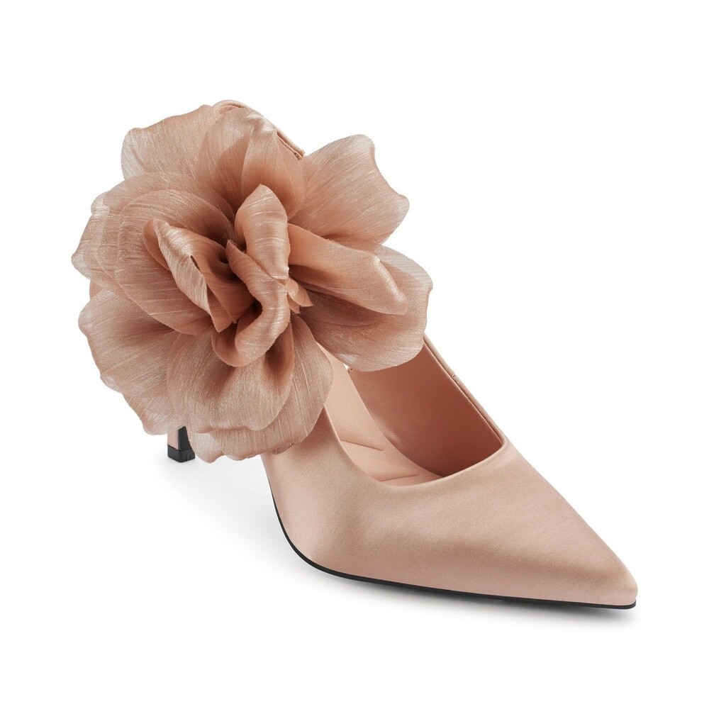 KARL LAGERFELD Paris Women's Blush Satin Flower Pointed-Toe Kitten Heel Pumps